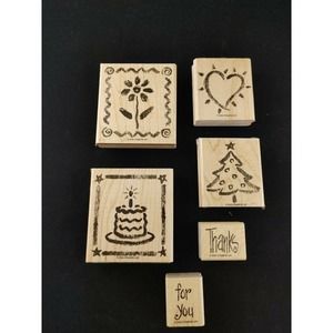 Stampin' Up! WOOD‎ MOUNTED Rubber WATERCOLOR FUN Stamp Set NICE 2002 SET OF 6
